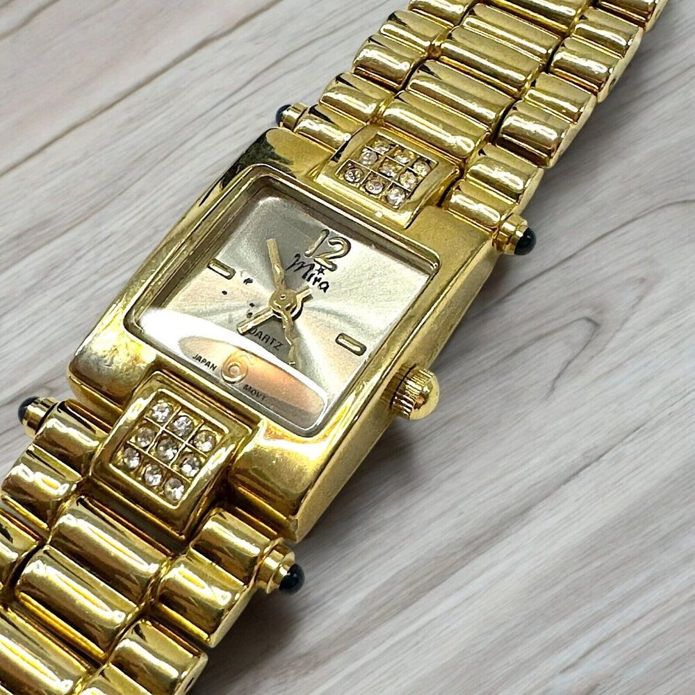 Vintage Gold Tone MIRA Woman Watch Square Clear Stones Accents *need battery